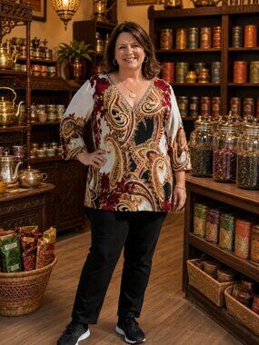 J M COLLECTION 3/4 Slve V-Neck White w/Paisley Design & Sparkles Linen Tunic 2X